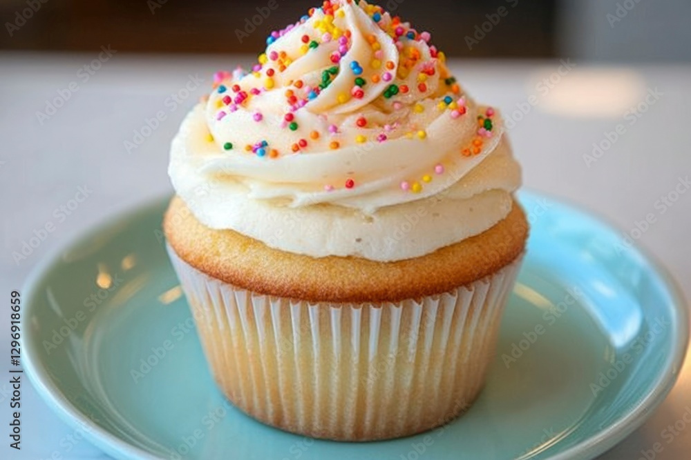 Delicious frosted cupcake with colorful sprinkles on plate in bakery display use Delicious frosted cupcake with colorful sprinkles on plate in bakery display use