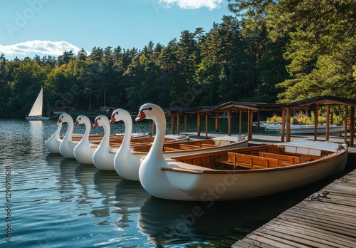 Scenic view of swan-shaped boats moored on calm lake surrounded by trees under clear blue sky in tranquil outdoor setting