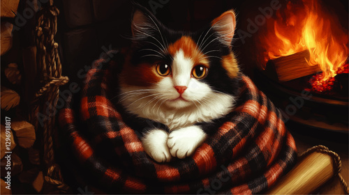 Cozy Calico Cat Relaxing by a Warm Fireplace Wrapped in Red Plaid Blanket - Perfect Winter Scene with Wood Logs and Rustic Decor | Vector Illustration