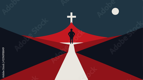 Two Paths A crossroad with one path leading to darkness guilt and the other to light forgiveness with a person choosing the brighter path.
