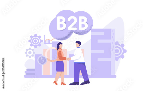Successful business people collaboration vector flat illustration. Female and male shaking hand celebrating b2b deal partnership isolated on white background big limbs style