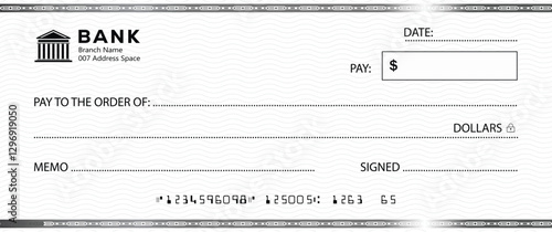 Blank bank check, checkbook cheque template with blue guilloche, vector mockup. Money payment bank check voucher or pay cash cheque certificate, account bill paycheck	