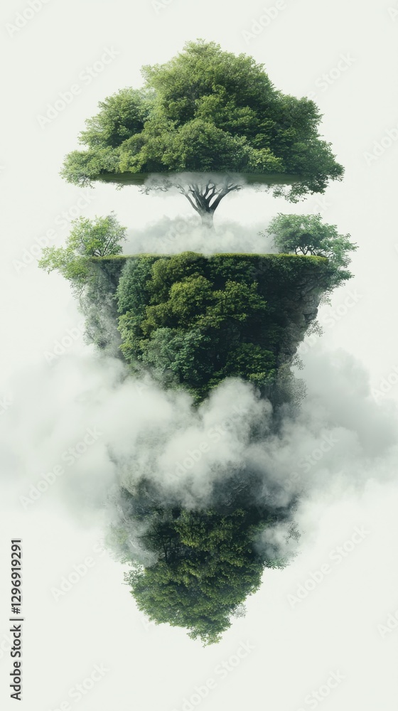 Fototapeta premium Floating tree in misty landscape nature surreal environment ethereal viewpoint