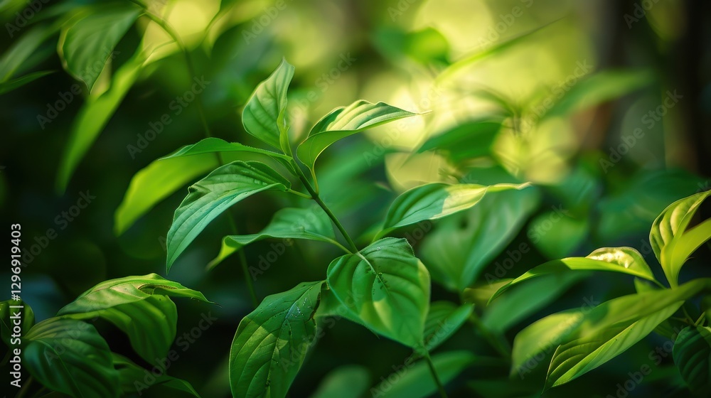 Obraz premium Morning Light Shining Through Fresh Green Leaves