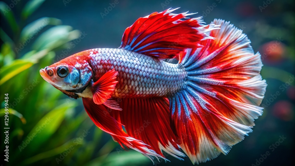 Vibrant Red Halfmoon Betta Fish in Aquarium, Siamese Fighting Fish with Unique Patterns Vibrant Red Halfmoon Betta Fish in Aquarium, Siamese Fighting Fish with Unique Patterns