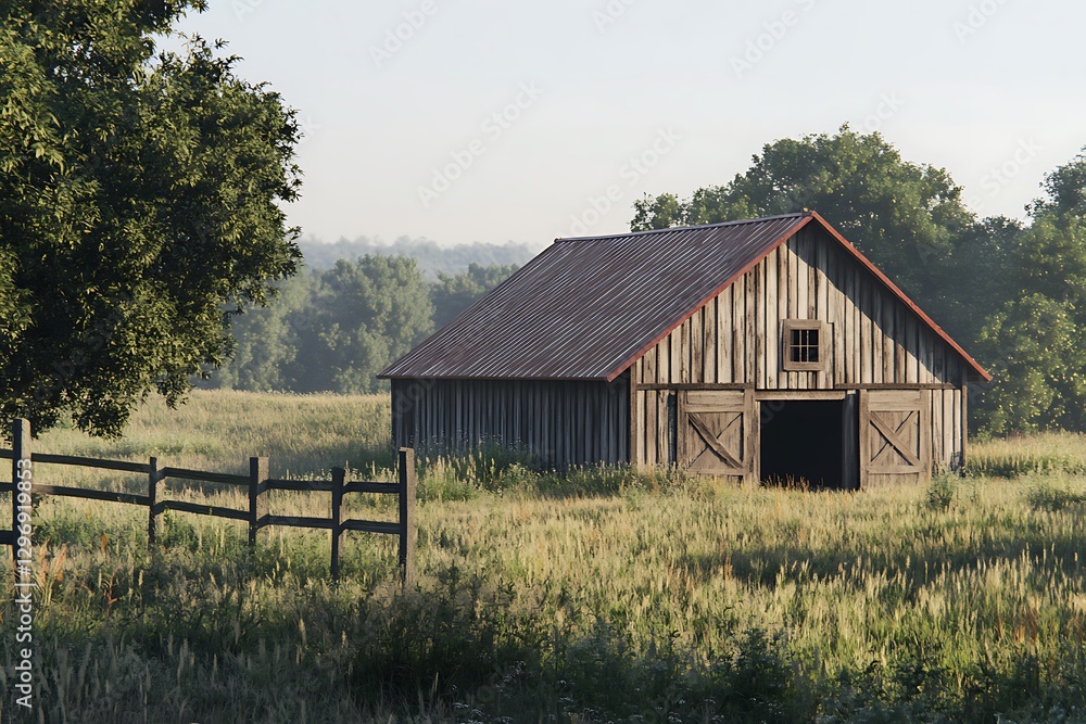 Obraz premium there is a barn in the middle of a field with a fence