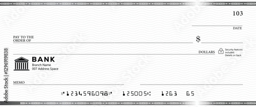 Blank bank check, checkbook cheque template with blue guilloche, vector mockup. Money payment bank check voucher or pay cash cheque certificate, account bill paycheck	