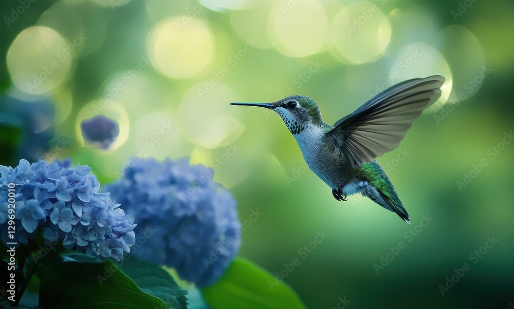 Fototapeta premium Hummingbird in Flight Near Blue Hydrangea Blossoms Surrounded by Soft Green Bokeh Background during Bright Sunny Day in a Lush Garden Setting
