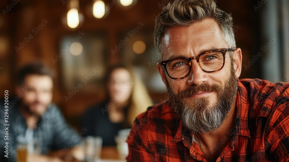 A confident man with glasses smiles genuinely while seated in a cozy cafe, exuding warmth and charisma, with a soft, blurred background of fellow patrons creating a lively ambiance. A confident man with glasses smiles genuinely while seated in a cozy cafe, exuding warmth and charisma, with a soft, blurred background of fellow patrons creating a lively ambiance.