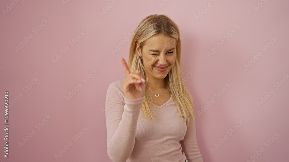 Woman winking and pointing against an isolated pink wall in a playful manner, embodying youthful beauty and confidence with blonde hair and a casual top. Woman winking and pointing against an isolated pink wall in a playful manner, embodying youthful beauty and confidence with blonde hair and a casual top.