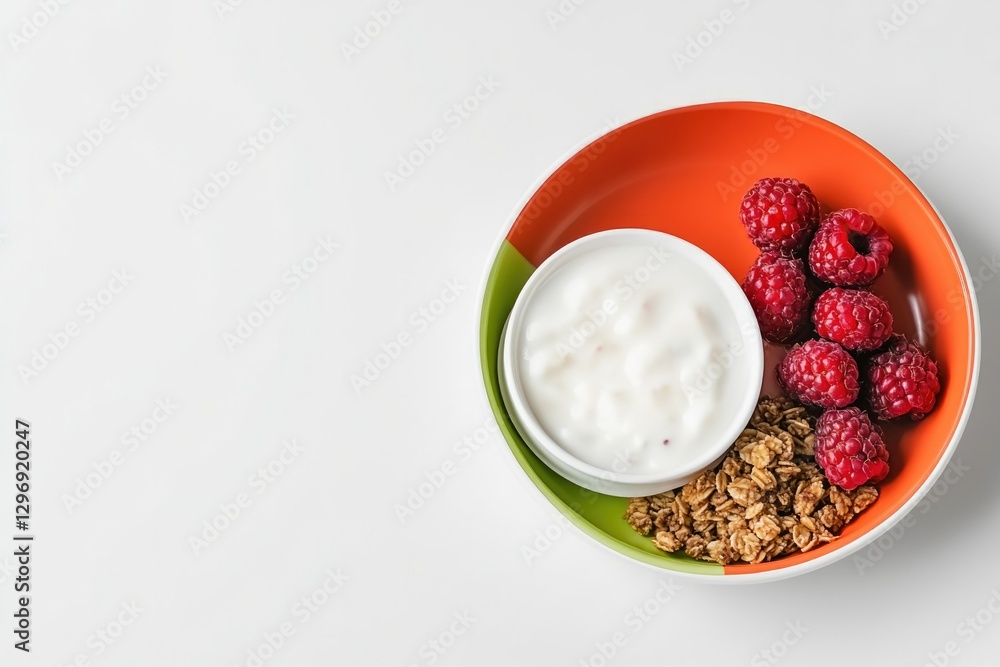 Bowl filled with yogurt, granola, and fresh raspberries showcase Bowl filled with yogurt, granola, and fresh raspberries showcase