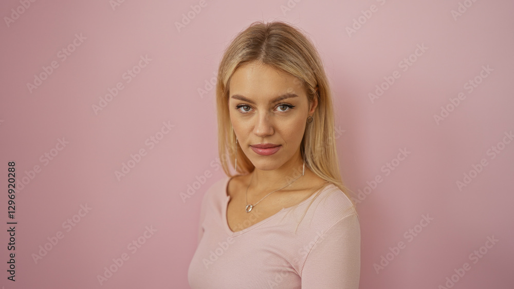 Woman standing against a vibrant pink background exudes beauty with her blonde hair, posing confidently, showcasing youthful elegance and attractive features. Woman standing against a vibrant pink background exudes beauty with her blonde hair, posing confidently, showcasing youthful elegance and attractive features.