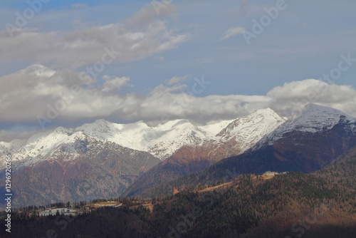 Obraz na płótnie Snow-capped peaks of Caucasus in late autumn. Rosa Khutor Resort, Sochi, Russia w salonie