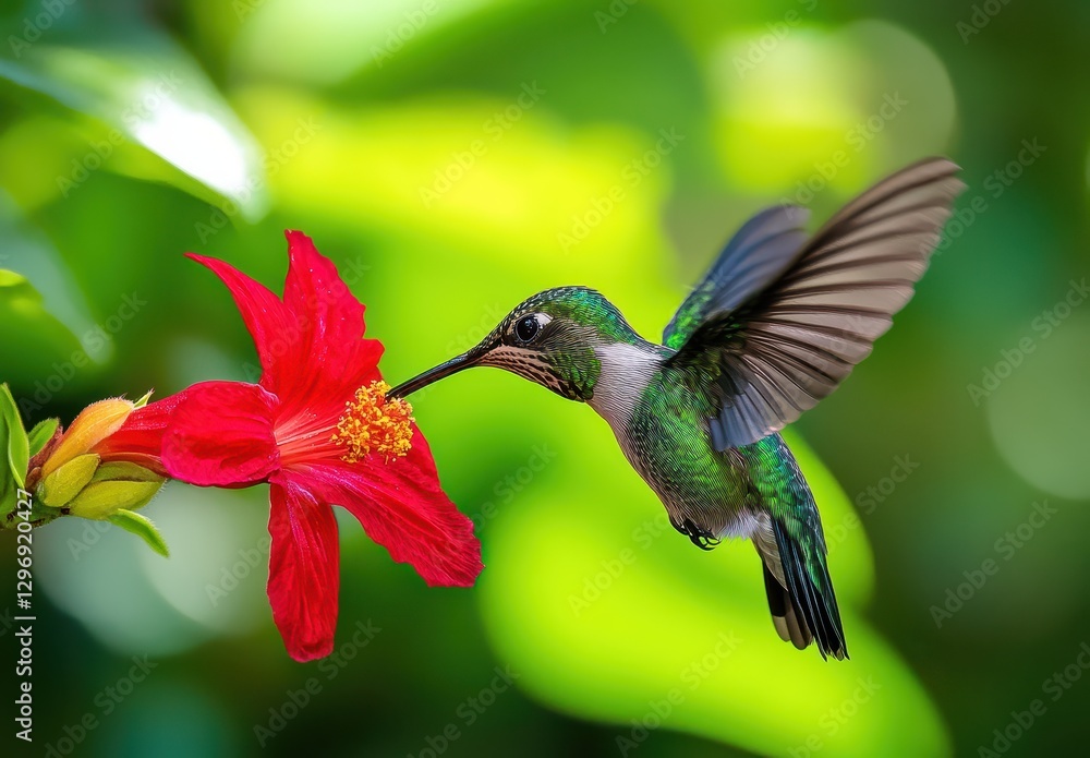 Fototapeta premium Hummingbird Sipping Nectar from Vibrant Red Flower in Lush Green Garden Setting with Soft Focus Background of Nature's Beauty