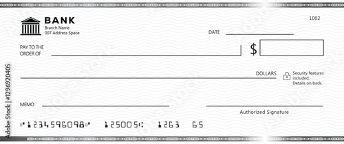 Blank bank check, checkbook cheque template with blue guilloche, vector mockup. Money payment bank check voucher or pay cash cheque certificate, account bill paycheck	