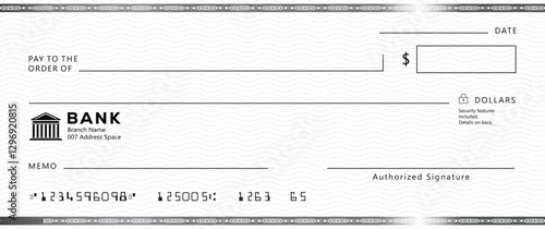 Blank bank check, checkbook cheque template with blue guilloche, vector mockup. Money payment bank check voucher or pay cash cheque certificate, account bill paycheck	