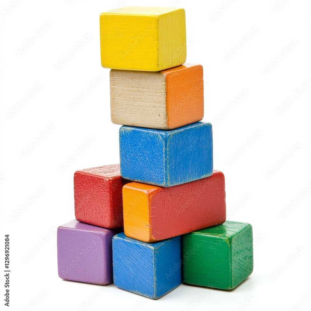 Colorful wooden blocks stacked high on white background Colorful wooden blocks stacked high on white background