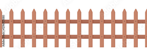 Wooden fence rustic style. Picket fence for front garden, flower beds lawns, protection of private vector picket fence cartoon identical boards, brown.