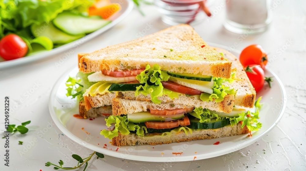 Fresh Vegetable Salad and Sandwich on a Light Background Fresh Vegetable Salad and Sandwich on a Light Background