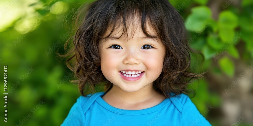 A joyful child with curly hair beams with a wide smile in a vibrant garden filled with greenery. The warm, sunny atmosphere enhances the cheerful expression A joyful child with curly hair beams with a wide smile in a vibrant garden filled with greenery. The warm, sunny atmosphere enhances the cheerful expression