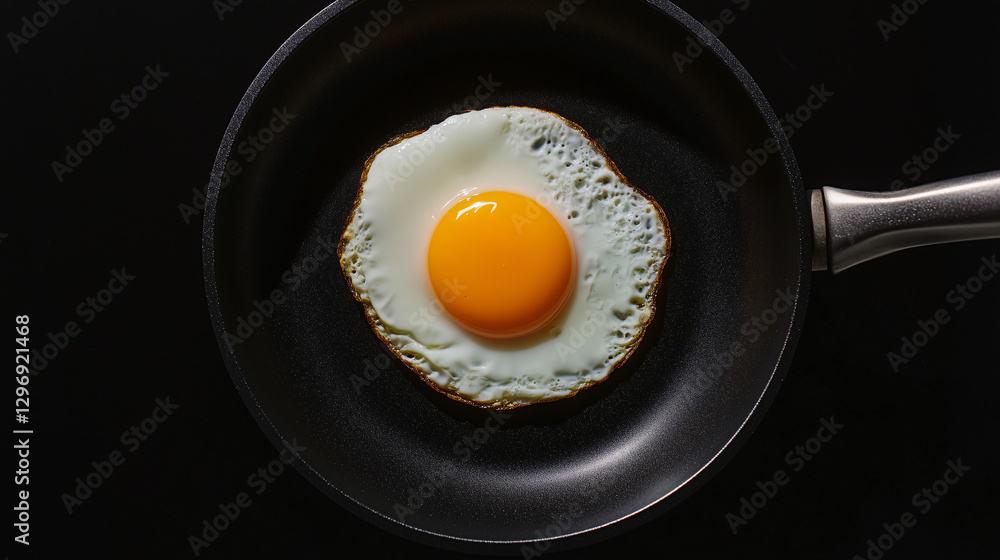 Golden Egg in Pan: A single, perfectly cooked fried egg sits in a non-stick pan, the rich golden yolk gleaming against the delicately crisped egg white, inviting culinary delight. Golden Egg in Pan: A single, perfectly cooked fried egg sits in a non-stick pan, the rich golden yolk gleaming against the delicately crisped egg white, inviting culinary delight.