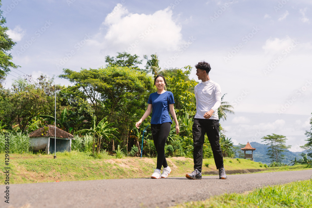 active young asian couple walking exercise at rural area active young asian couple walking exercise at rural area