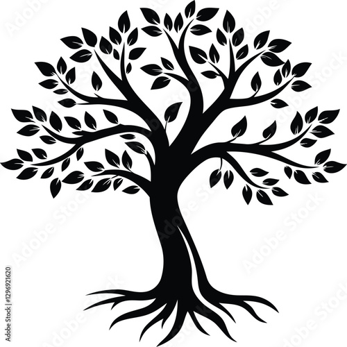 A stylized tree with leaves and roots silhouette vector illustration, A tree with leaves and roots vector icon design