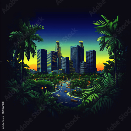 Vibrant Vector Illustration of Urban City Skyline at Sunset with Tropical Palm Trees and High-Rise Buildings Amidst Bustling Street Life in Scenic Landscape