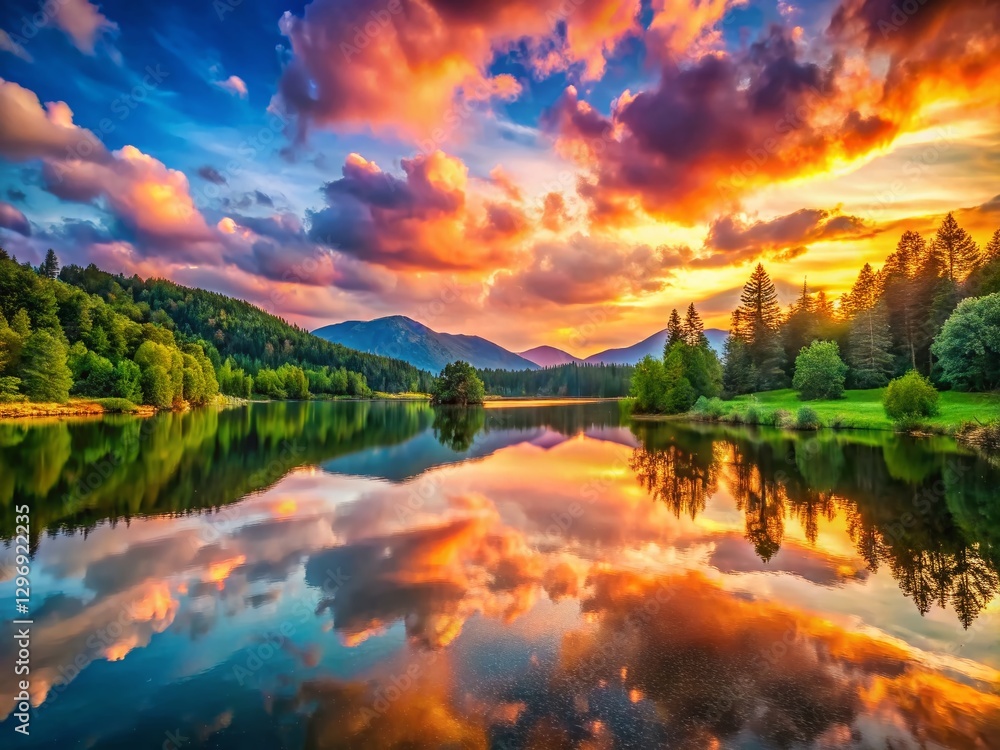Fototapeta premium Vibrant Sunrise over Tranquil Mountain Lake: Colorful Sky Reflections & Lush Greenery