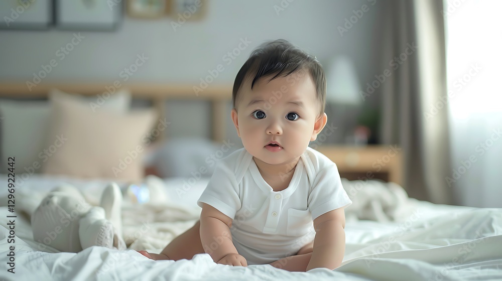 there is a baby sitting on a bed with a white blanket there is a baby sitting on a bed with a white blanket