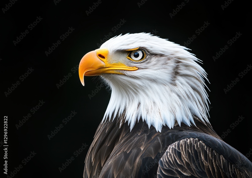 Obraz premium Majestic Bald Eagle Portrait with Intense Eyes and Distinctive White Head Against a Black Background in Natural Setting