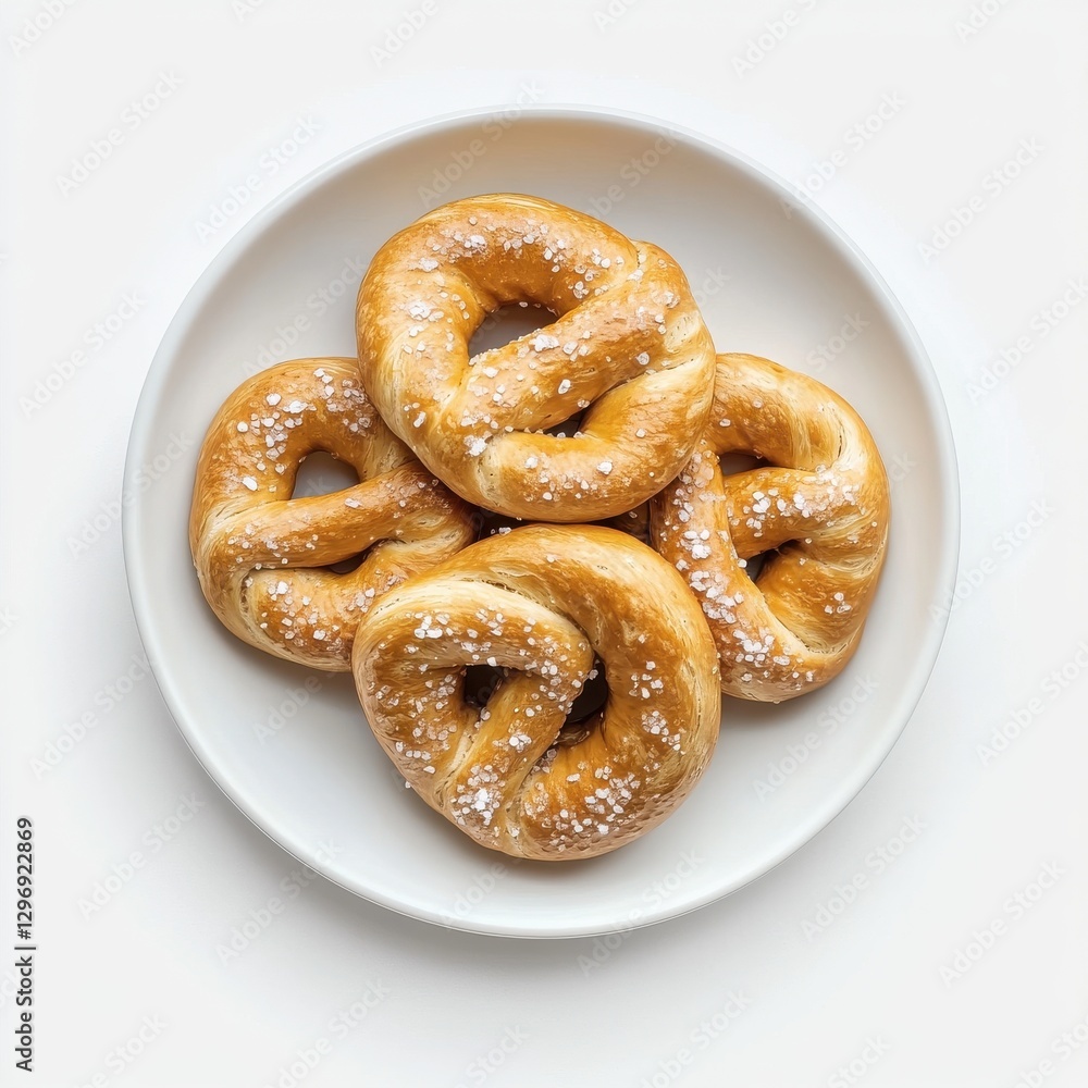 Photorealistic topdown view of sea salt pretzels on white plate isolated in warm light landscape Photorealistic topdown view of sea salt pretzels on white plate isolated in warm light landscape