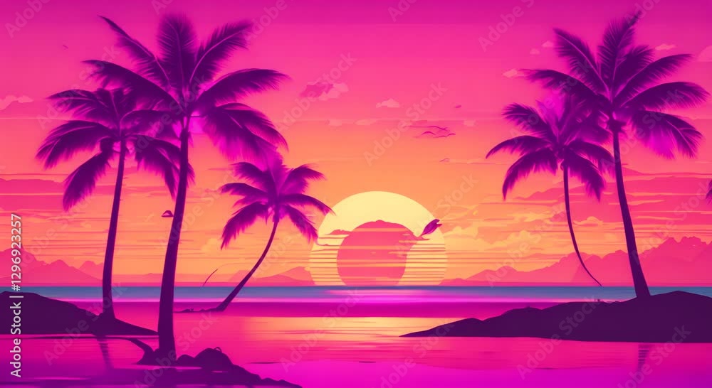 Vaporwave palm trees on the beach at sunset Retrowave background 4K Vaporwave palm trees on the beach at sunset Retrowave background 4K