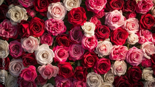 Colorful display of blooming roses in various shades.
