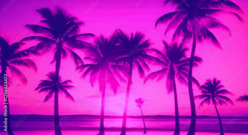 Vaporwave palm trees on the beach at sunset Retrowave background 4K Vaporwave palm trees on the beach at sunset Retrowave background 4K