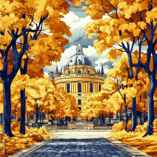Stunning Autumn Illustration of Historical Dome Architecture Amidst Vibrant Golden Foliage and Cobblestone Pathway - Captivating Vector Art for Seasonal Inspiration