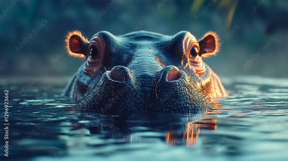 Fototapeta premium A close-up of a hippopotamus's snout emerging from a calm river. 