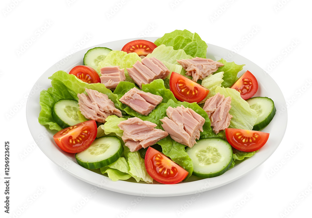 Fresh salad with lettuce, tomatoes, cucumber and tuna served on a white plate Fresh salad with lettuce, tomatoes, cucumber and tuna served on a white plate