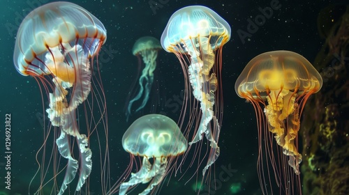 Colorful jellyfish swimming in ocean depths. photo