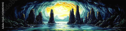 Mystical Ocean Cave with Sunlit Pillars Art | Stunning Vector Image of Radiant Sea Cave Formation with Illuminated Sky and Water | Perfect Wallpaper Design