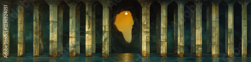 Majestic Ancient Stone Pillars and Archway Water Reflection in Mysterious Cavern with Golden Light Vector Art – Atmospheric Fantasy Illustration