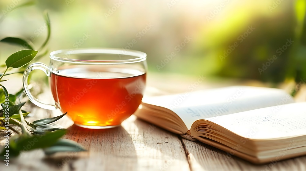 there is a cup of tea and a book on a table there is a cup of tea and a book on a table