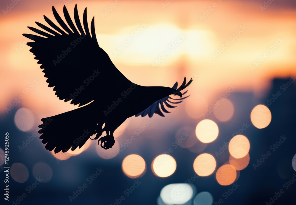 Obraz premium Majestic Bird in Flight Against a Stunning Sunset Background Creating a Silhouette with Colorful Bokeh Lights Illuminating the Scene