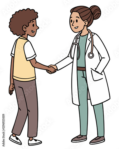 A doctor shaking hands with a patient, symbolizing trust and professionalism, isolated on white background.
