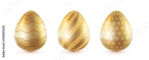 Vector set of illustration of realistic shine golden egg with pattern isolated on white background. 3d cartoon style design of different metal golden egg for holiday easter hunt