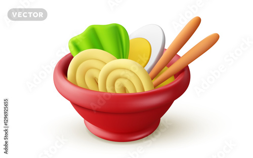 Vector realistic illustration of asian meal with noodles and egg in bowl on white color background. 3d style cartoon design of traditional asian dish. Tasty noodles soup and chopsticks. Fast food