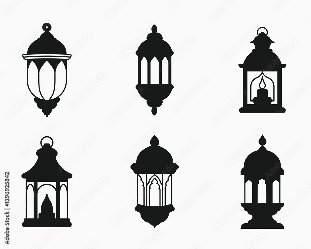Islamic lantern silhouette icon bundle set in black and white isolated flat vector illustration for eid celebration Islamic lantern silhouette icon bundle set in black and white isolated flat vector illustration for eid celebration