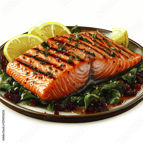 Delicious Grilled Salmon with Fresh Lemon Slices and Greens on Plate - Vector Art of Tasty Seafood Cuisine Garnished with Herbs for Perfect Healthy Meal