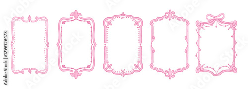 Set of doodle hand drawn pink frames with watercolor. floral, bows and ribbon. Minimalist cute line art. Modern whimsical borders for wedding invitations, birthday cards, lunch, holiday illustration	
