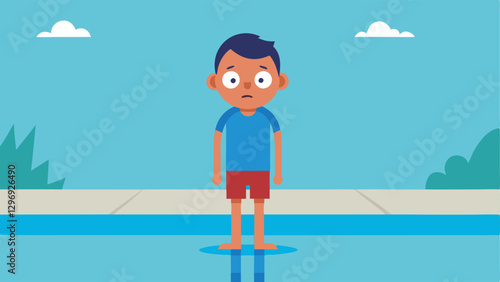 Water Phobia A character appears anxious at the edge of a swimming pool staring hesitantly at the water with vivid imagery of splashes and swimming gear suggesting both allure and